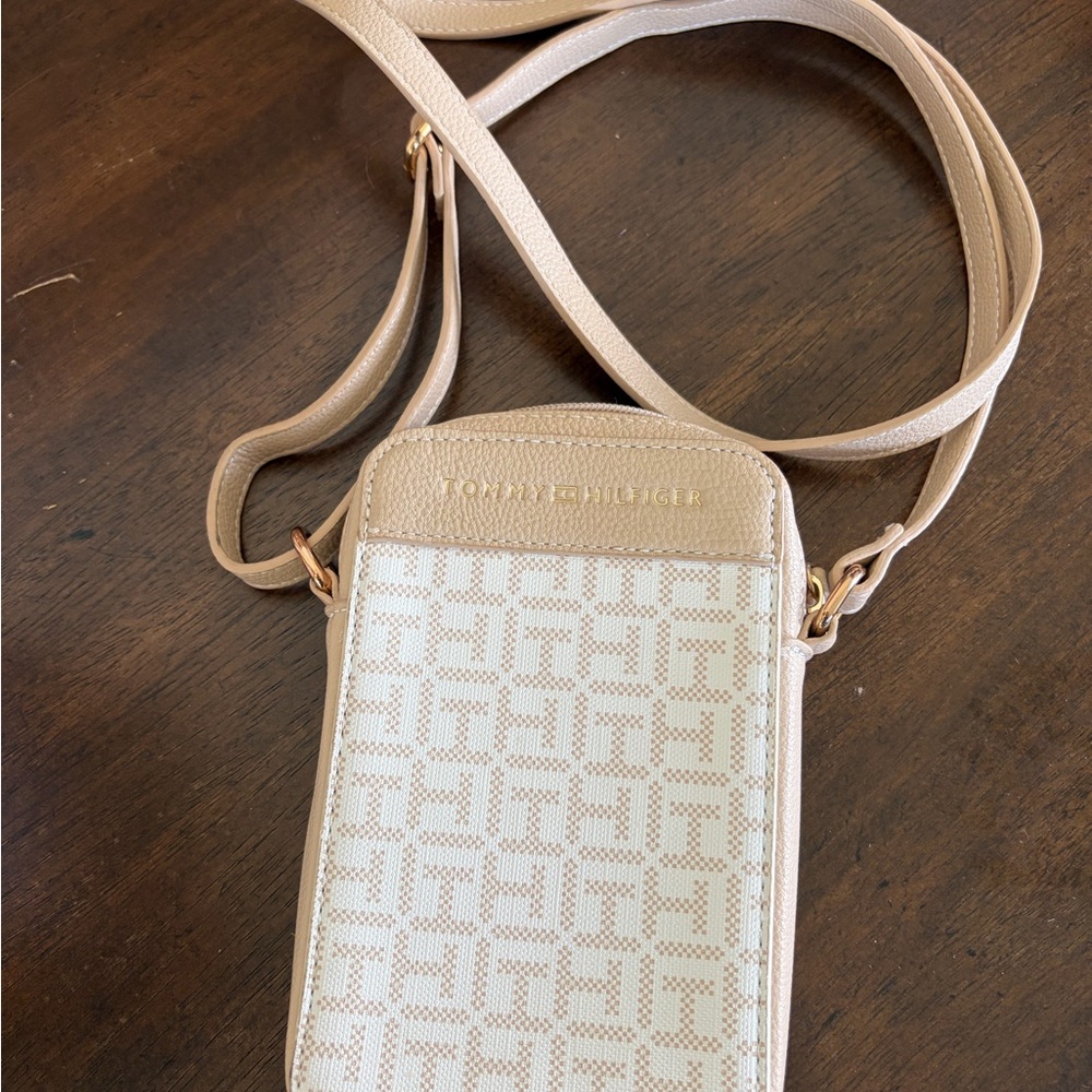 Tommy Hilfiger Beige Cream Monogram Crossbody Phone Pouch